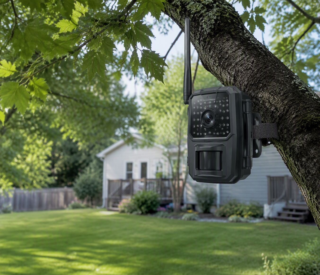 Cellular trail camera monitoring a humane live trap in a Cincinnati backyard